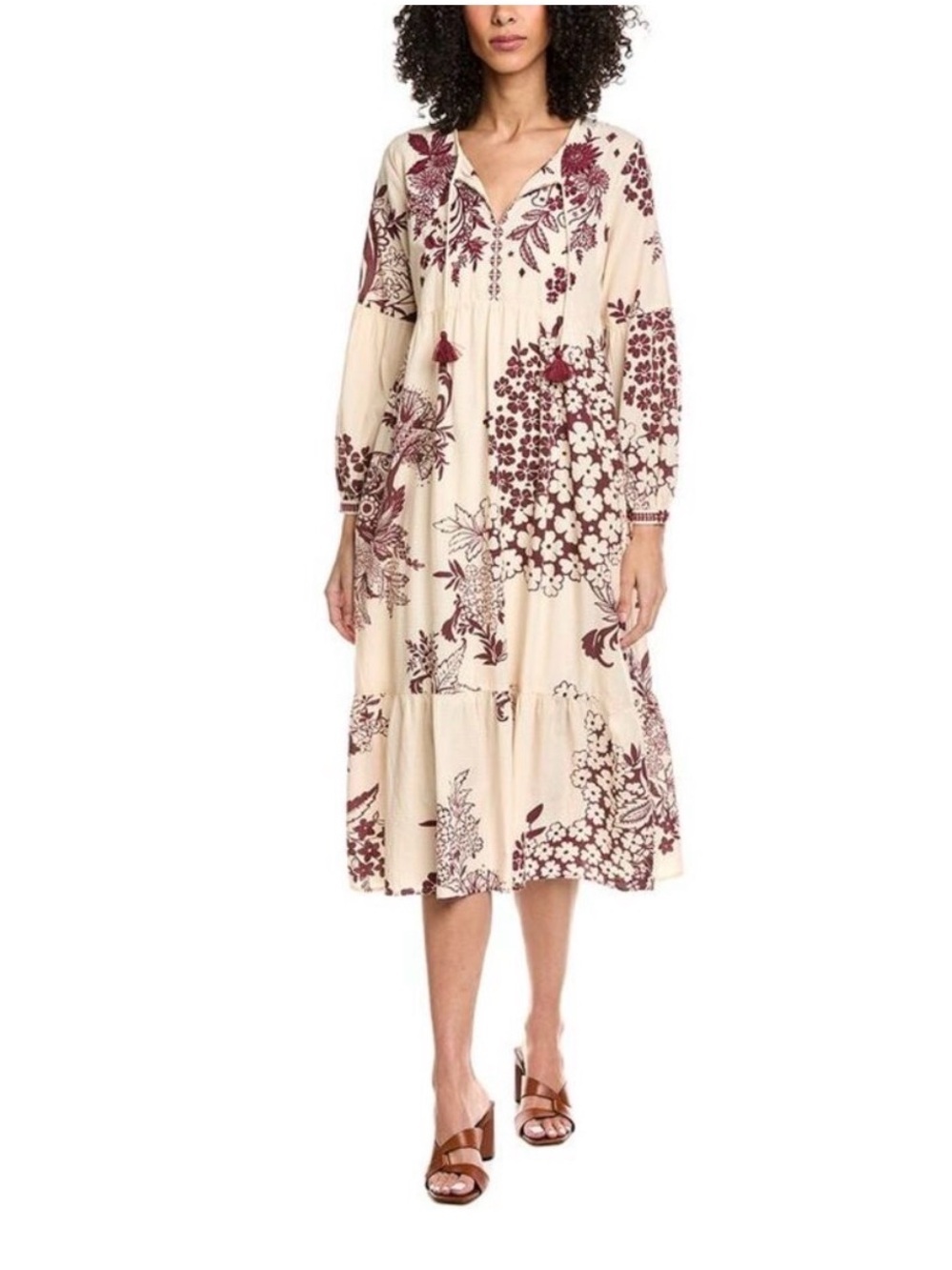 Johnny Was Aquijio Tiered Bishop Sleeve Floral Cotton Blend Midi Dress Size XL